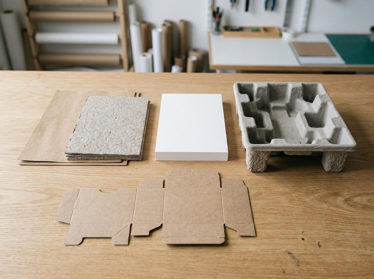 Eco-friendly packaging material options including kraft paper, recycled paperboard, white card, and molded pulp