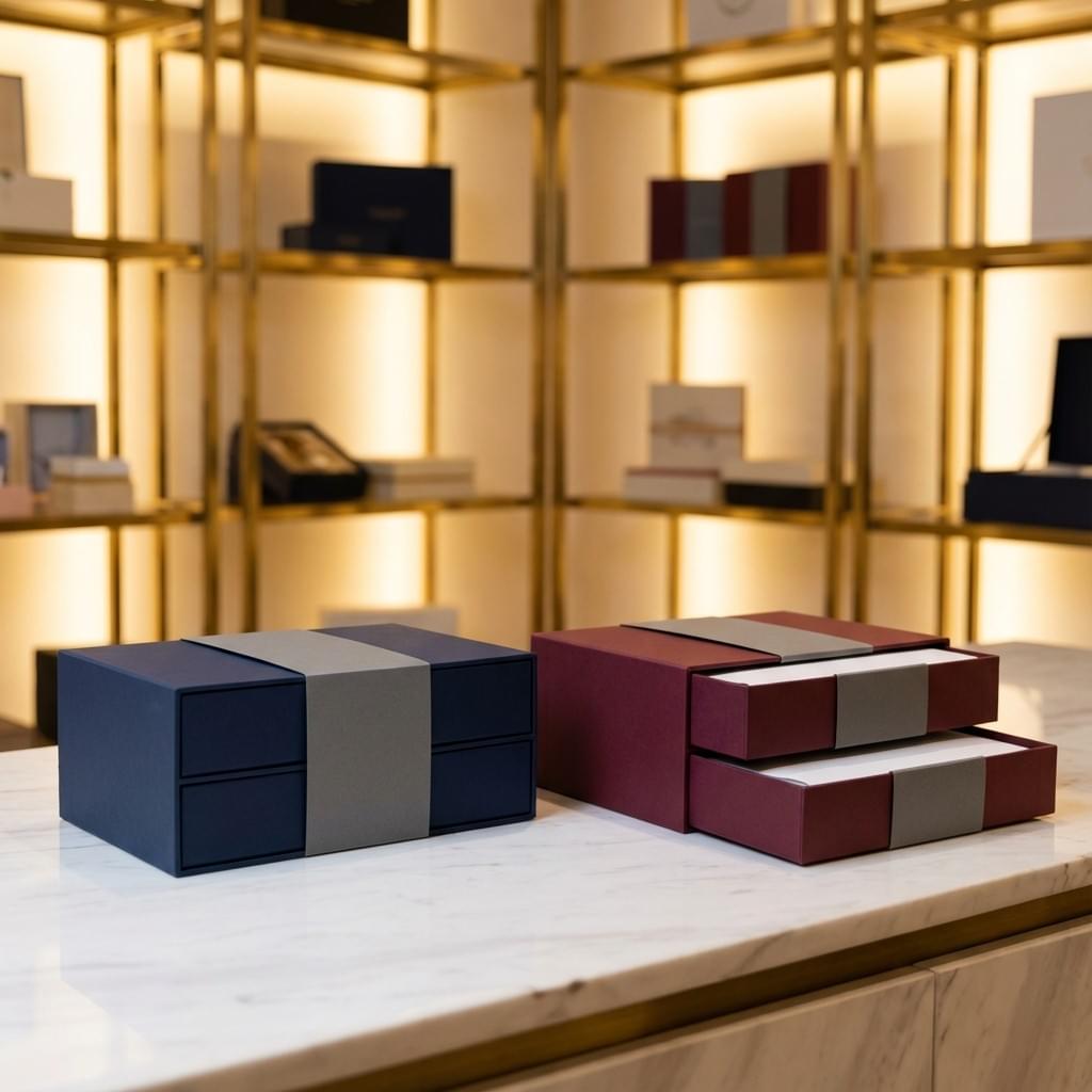 Two double drawer boxes with trays opening from both sides, one closed and one partially opened to show inserts