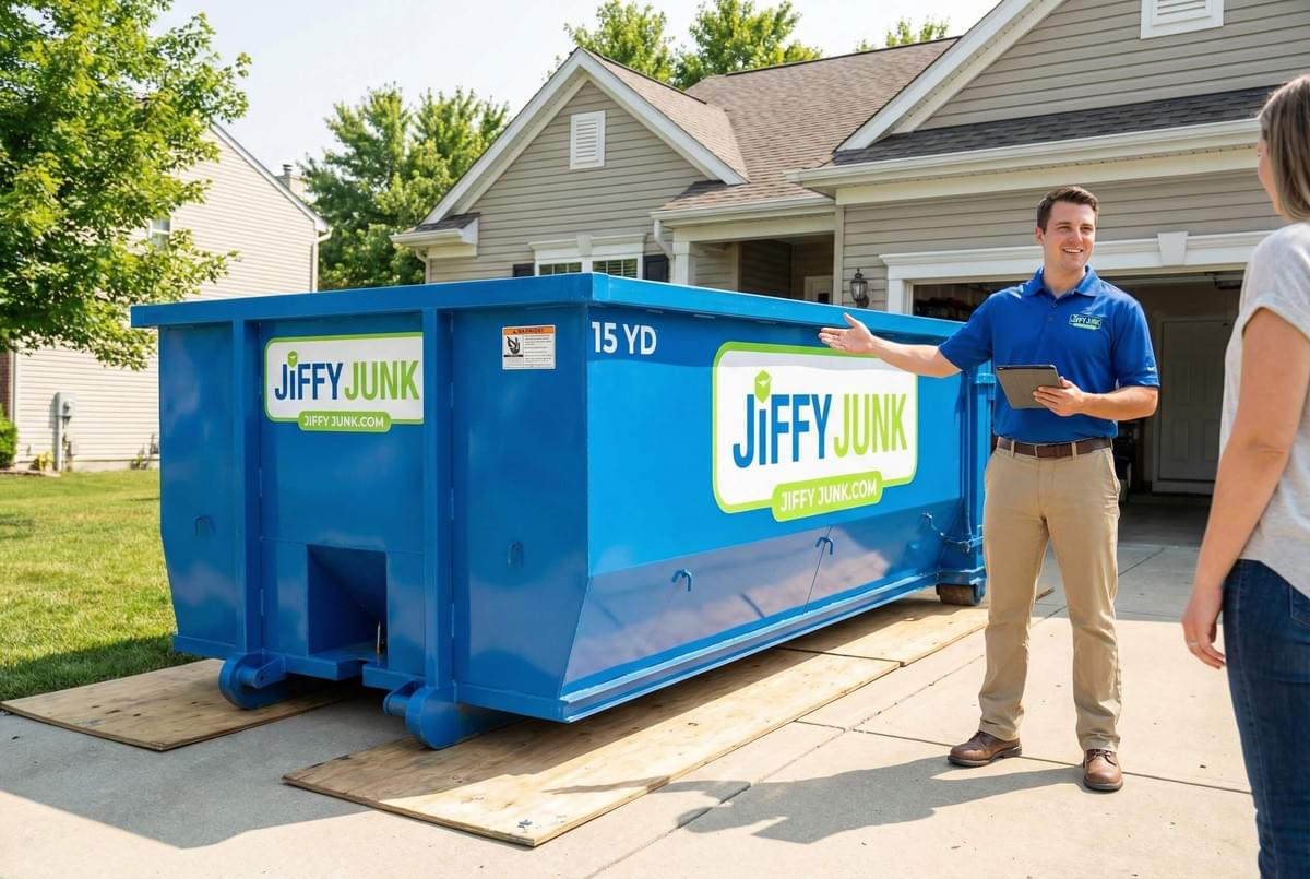 15 yard roll off dumpster in driveway with Jiffy Junk representative discussing rental details