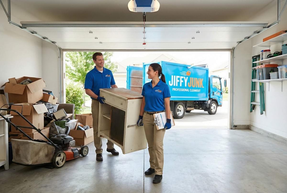 Jiffy Junk professionals removing furniture during a professional garage cleanout.