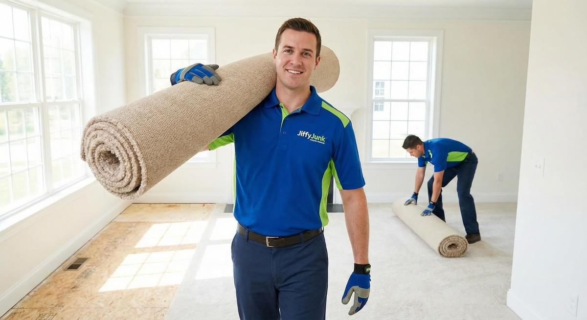 Jiffy Junk same-day carpet removal service crew removing rolled carpet from residential home interior