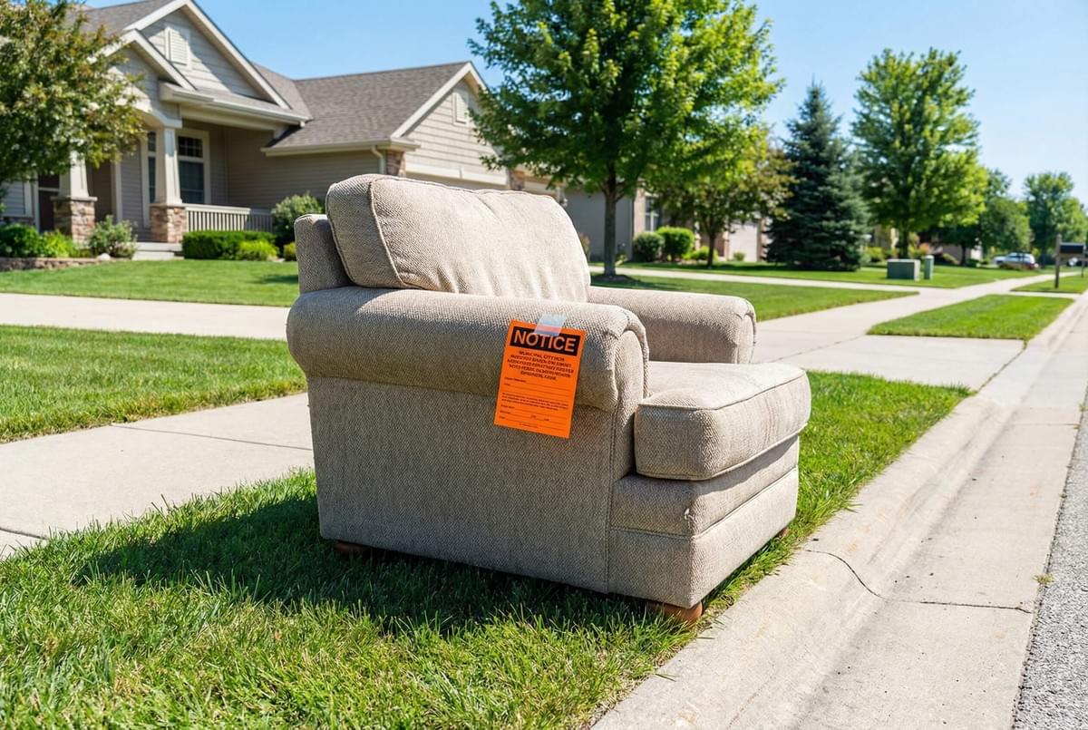 Furniture left on curb with municipal notice showing risk of fines after exceeding local pickup time limits