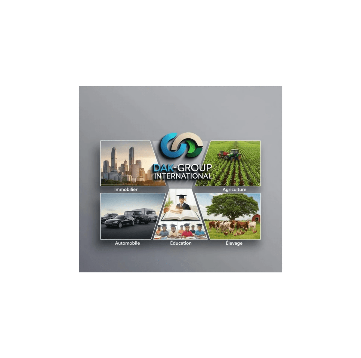 OUR COMMITMENTS We support you in the development of your projects in various sectors of activity. Here is the detailed and structured plan for the website of your company DAK-GROUP INTERNATIONAL:

Website plan DAK-GROUP INTERNATIONAL
1. Home page
- Main banner with the logo and slogan of the company
- Short presentation of the company (introduction)
- Quick access to the different branches (real estate, automotive, agriculture, livestock, education)
- Focus on news or new items
- Testimonials or key partners
- Footer with contact, social networks, and important links
2. About us
- History of DAK-GROUP INTERNATIONAL
- Mission, vision, and values
- Management team (photos and descriptions)
- Certifications and partnerships
3. Our branches

Real estate
- Services (sale, rental, property management)
- Ongoing projects
- Real estate contact

*Automotive*
- Services (sale, purchase, repair, maintenance)
- Available models
- Automotive contact
*Agriculture*
- Activities (crops, agricultural equipment)
- Agriculture project