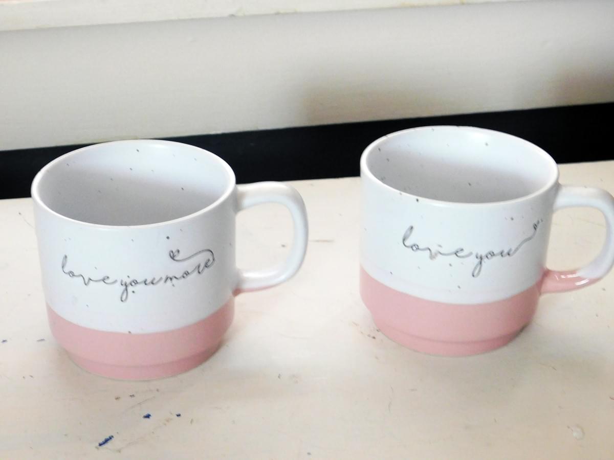 2 Pink and White Mugs 