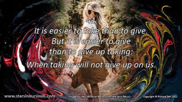 Image of slideshow 16 in Richard Dell’s SPIRITUAL INSIGHTS IN A THOUSAND TWEETS. It shows a young woman trying to walk down a forest path, whilst someone is grasping her hand in order to hold her back.