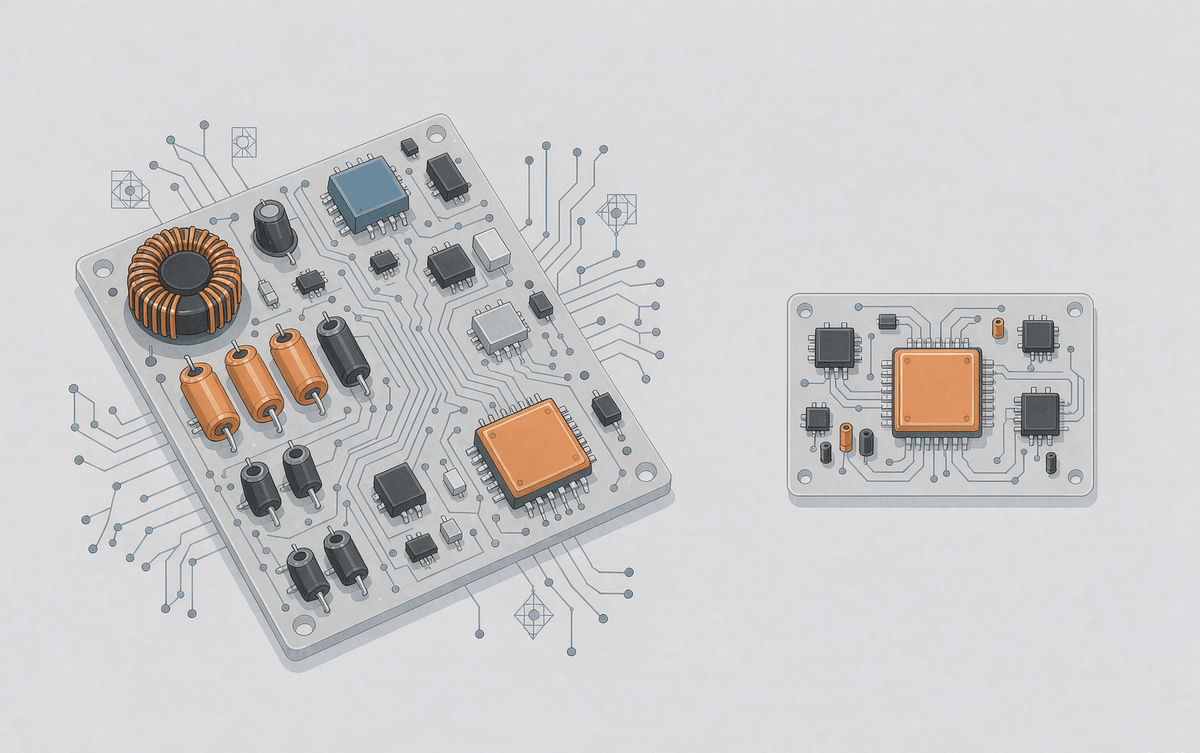 A large crowded PCB with discrete PFC parts beside a small clean PCB with one integrated PFC IPM