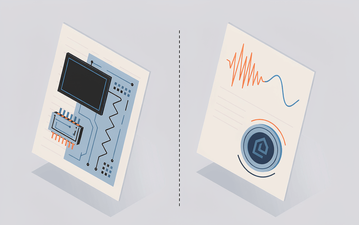 A device datasheet with a module symbol versus an appliance regulation sheet with harmonics and a certification seal, divided by a dashed line