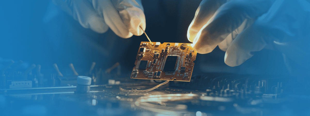 The engineer was holding a circuit board with a chip welded onto it.