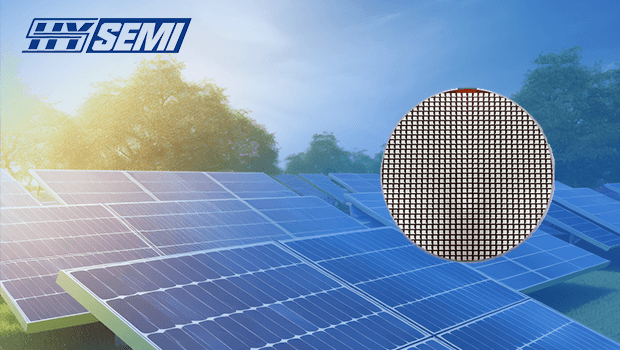 There is a chip against the backdrop of the photovoltaic panel.