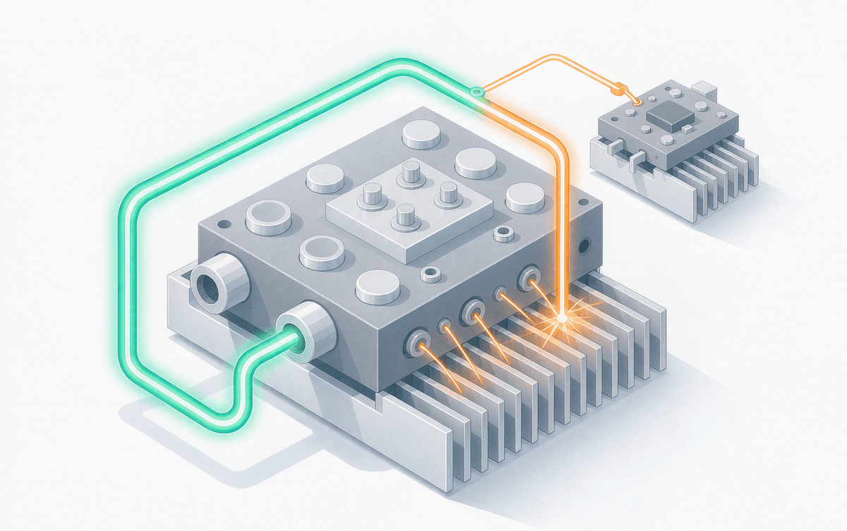 Energy budget ribbon splitting into useful output, heat into heatsink and gate drive