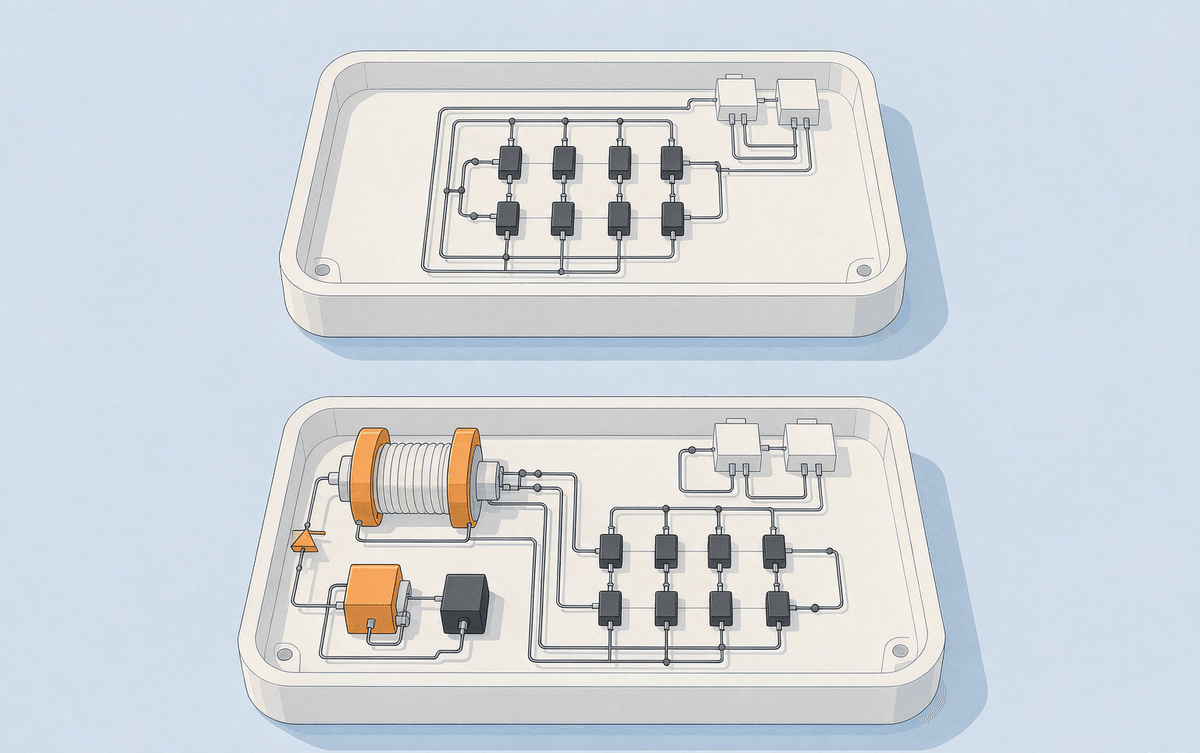 Cutaway of an inverter-only IPM with six switches versus a PFC-plus-inverter integrated IPM with a boost stage