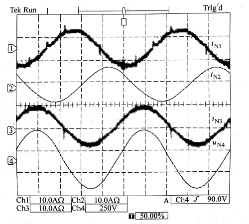 Experimental Waveforms Showing Three-Phase Input Currents (CH1-CH3) and Input Voltage (CH14) at 4kW Output Powee