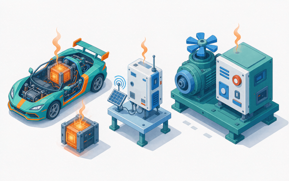 EV drive, solar inverter and industrial motor showing different heat shimmers