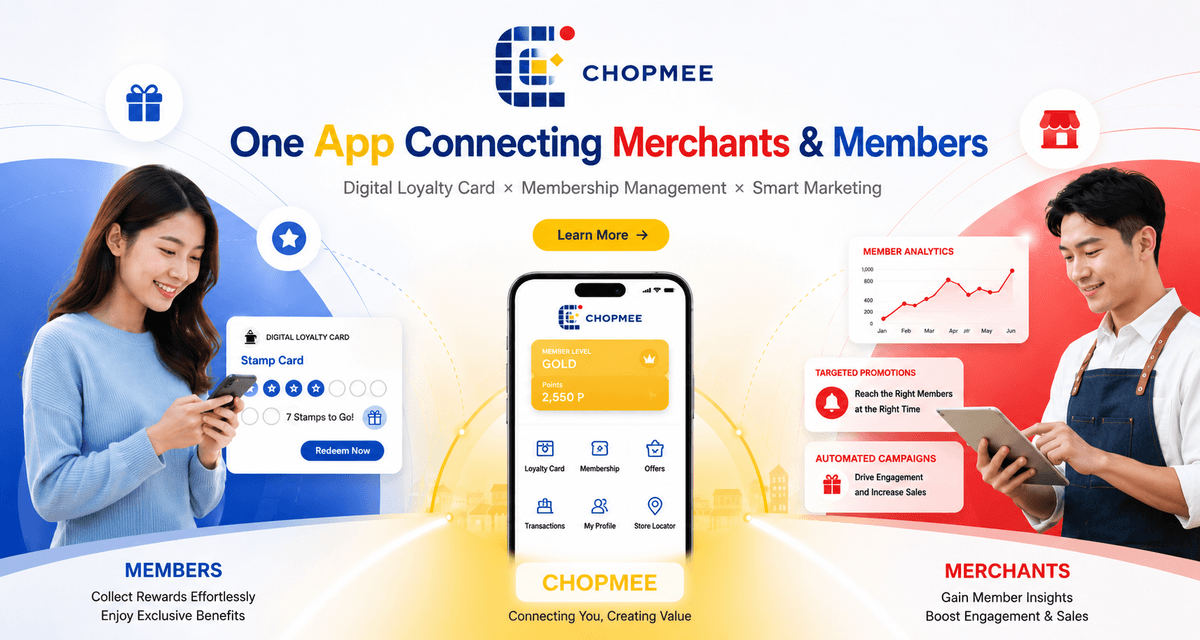 CHOPMEE is an all-in-one digital loyalty card and membership management app that connects merchants and customers on a single platform. Businesses can improve customer retention, launch targeted promotions, analyze member data, and automate marketing campaigns, while customers can collect digital stamps, redeem rewards, and enjoy exclusive membership benefits. Ideal for retail stores, cafes, restaurants, beauty salons, and small businesses looking to increase repeat purchases and customer engagement. CHOPMEE is an all-in-one digital loyalty card and membership management app that connects merchants and customers on a single platform. Businesses can improve customer retention, launch targeted promotions, analyze member data, and automate marketing campaigns, while customers can collect digital stamps, redeem rewards, and enjoy exclusive membership benefits. Ideal for retail stores, cafes, restaurants, beauty salons, and small businesses looking to increase repeat purchases and customer engagement.
