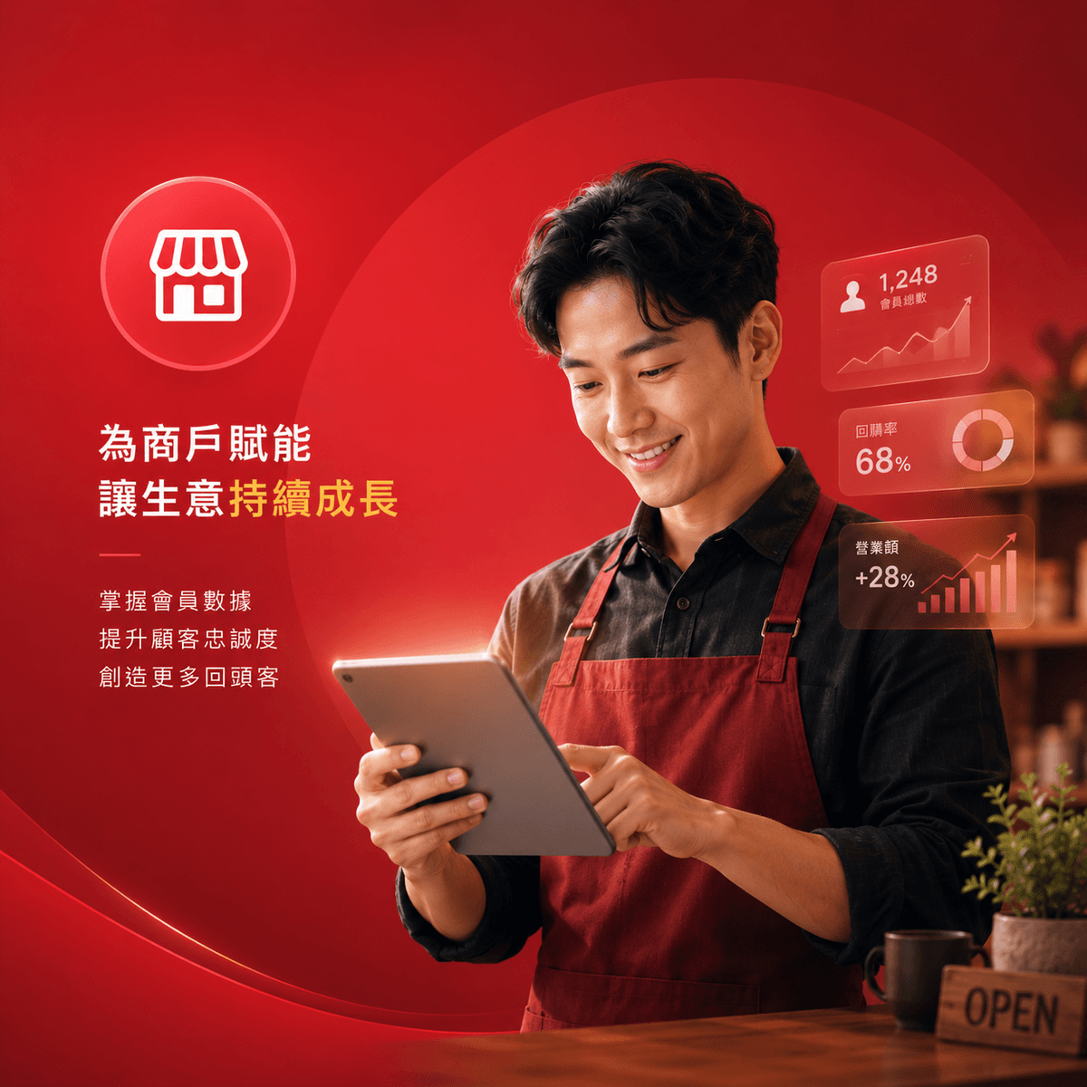 CHOPMEE 品牌紅色代表商戶。每一間商戶背後都有努力經營的故事。CHOPMEE 希望透過電子會員系統、會員管理平台、數據分析及智能營銷工具，幫助商戶建立忠誠客戶群、提升會員回購率及掌握自己的顧客數據，讓生意能夠持續穩定成長。