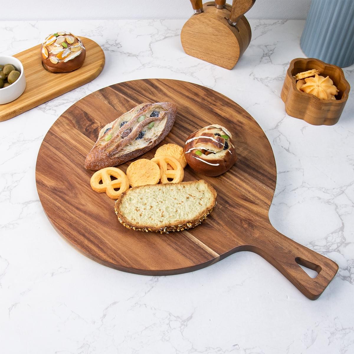 Pizza steak tray, Acacia wood cutting board, round thick baking with handle, chopping board