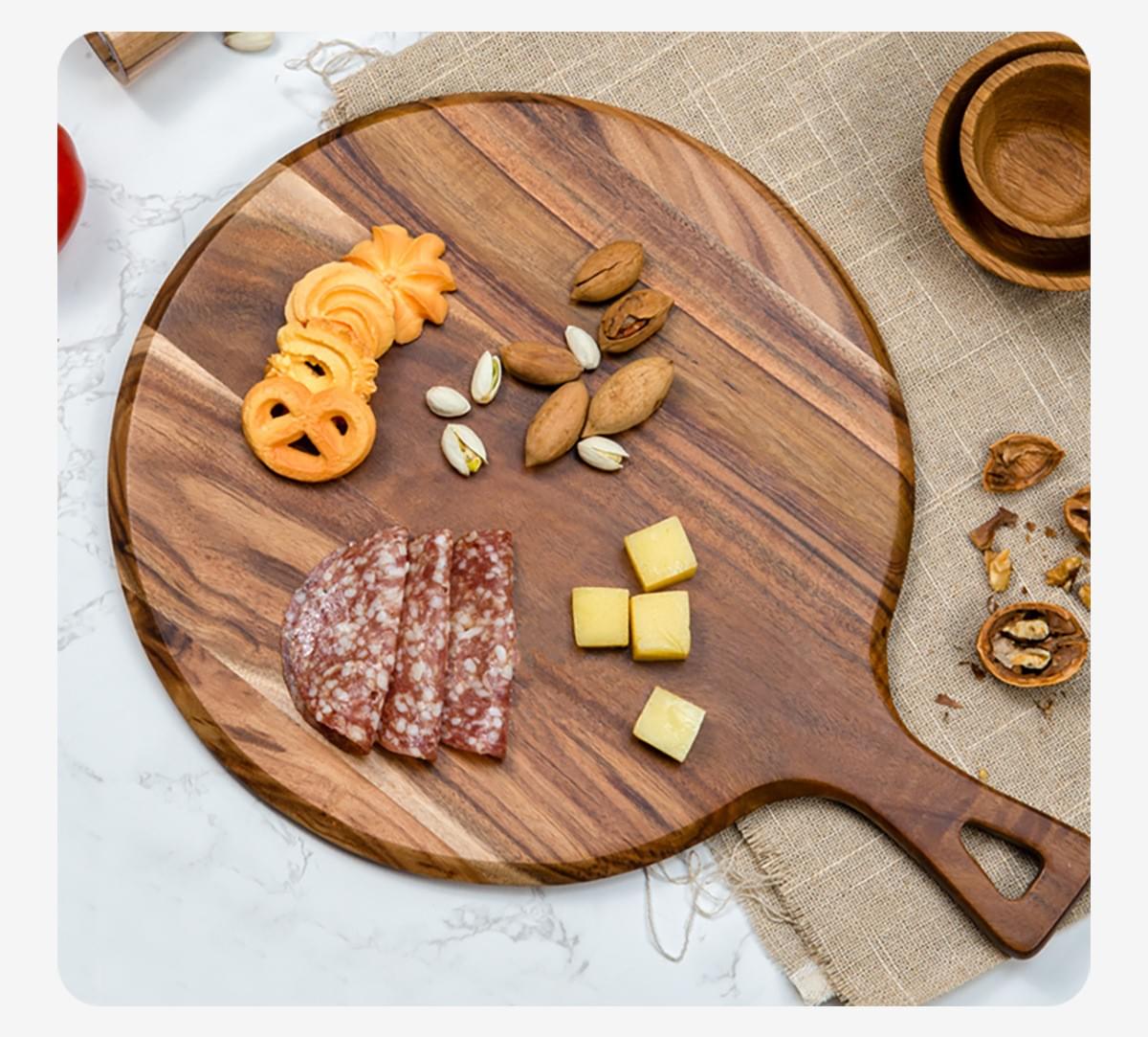 Pizza steak tray, Acacia wood cutting board, round thick baking with handle, chopping board