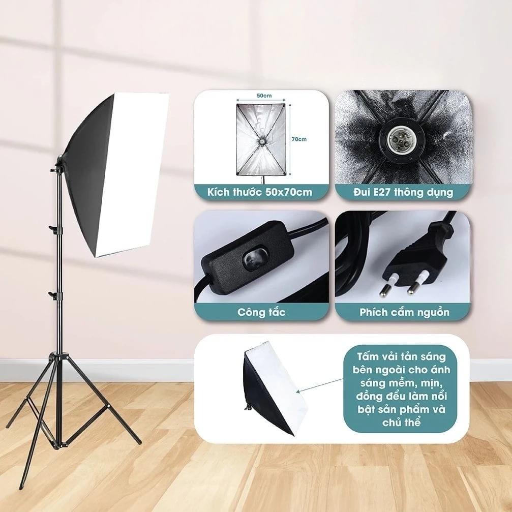 Bộ KIT Studio Chụp Ảnh Sản Phẩm Chân Đèn 2m Kèm Softbox 50x70 cm Hỗ Trợ Sáng, Quay Phim , Livestream
