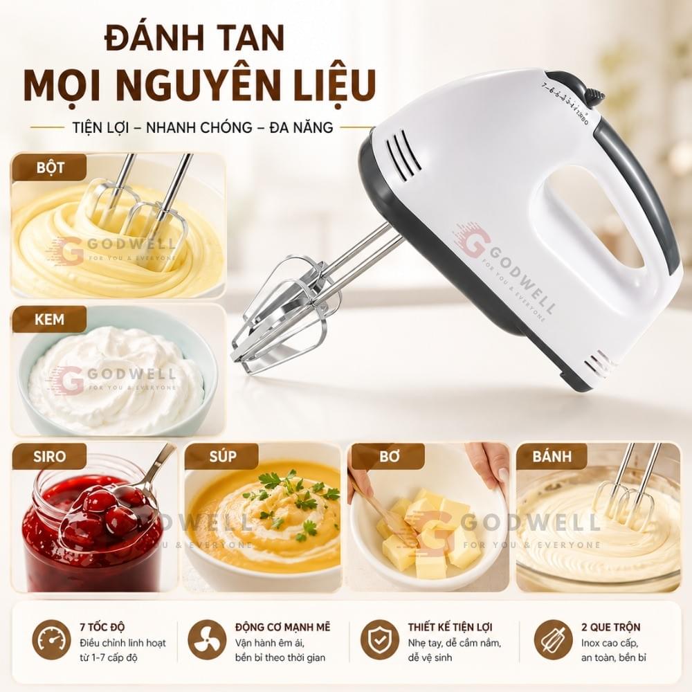 Máy Đánh Trứng Cầm Tay 7 Tốc Độ 180W Tặng 4 Đầu Khuấy Chắc Chắn - Tiện Dụng