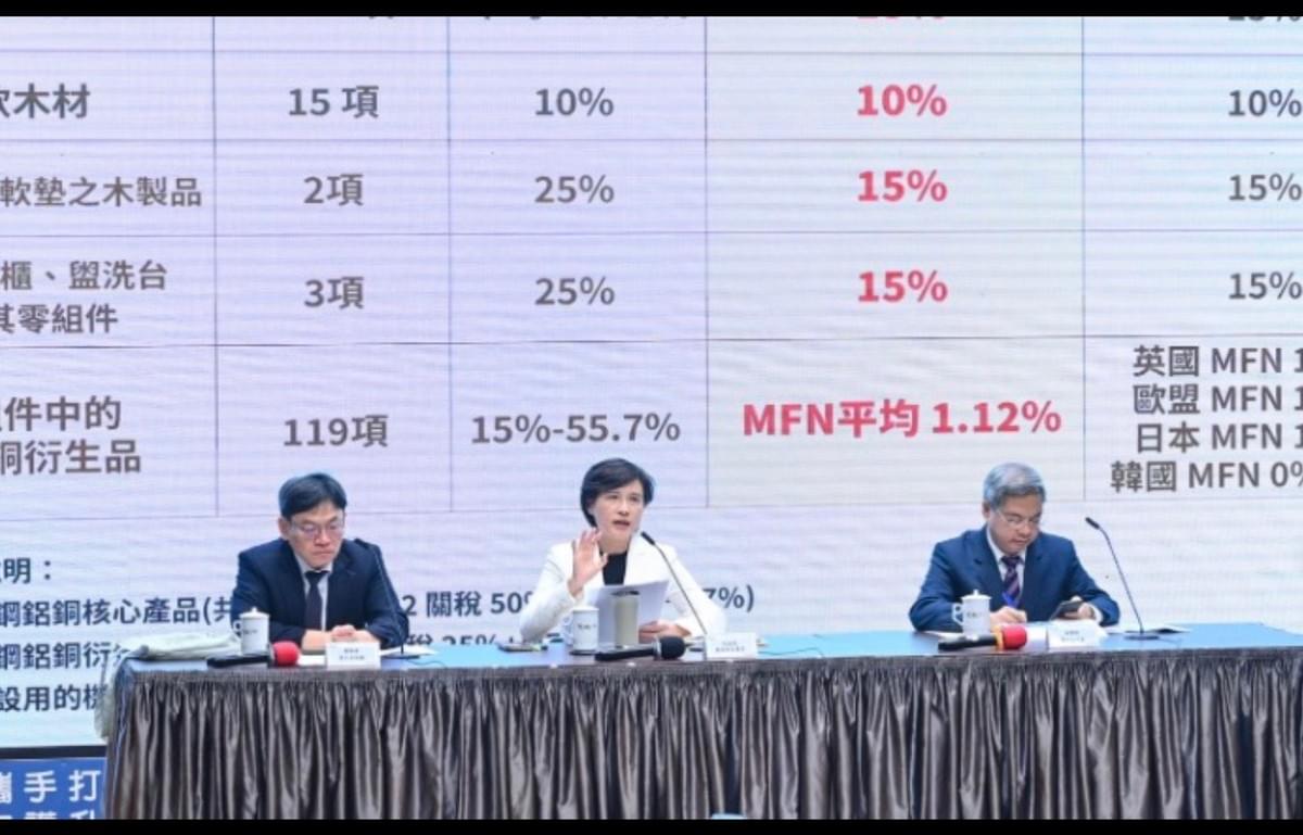 行政院副院長鄭麗君（中）說明台美經貿工作及政府對策。