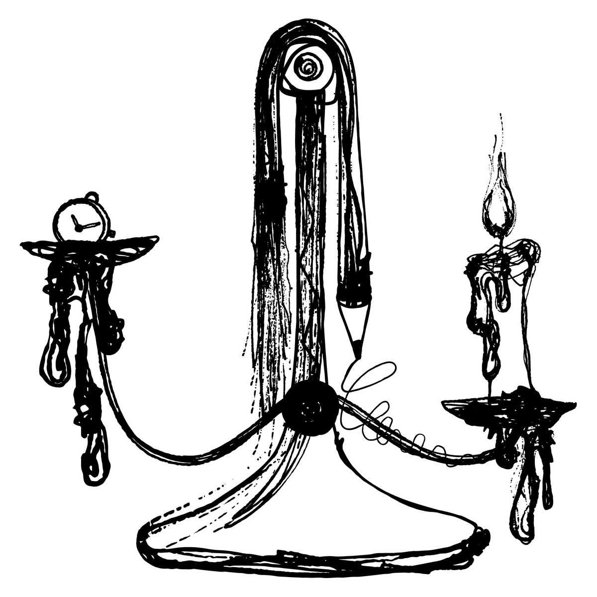 Absurdist illustration of a candelabra. A pocket watch sits on the left candleholder. A lit and partially melted candle sits on the right candleholder, lower than the left side. Draped over the centre candleholder is a pencil, though the end of it turns into hair strands. Absurdist illustration of a candelabra. A pocket watch sits on the left candleholder. A lit and partially melted candle sits on the right candleholder, lower than the left side. Draped over the centre candleholder is a pencil, though the end of it turns into hair strands.