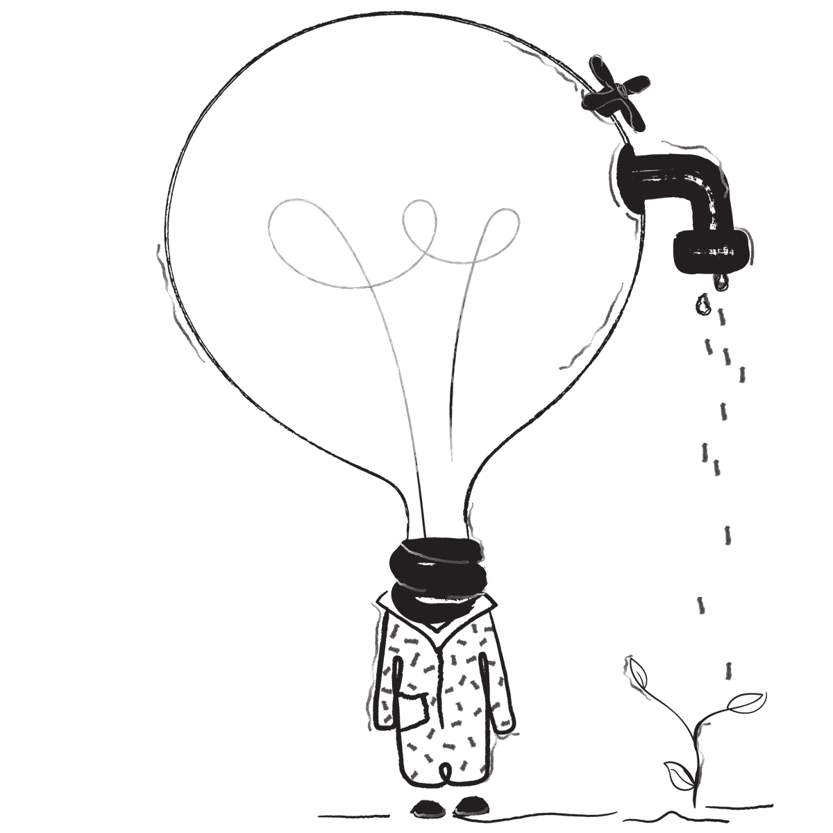Absurdist doodle of a lightbulb wearing a long coat, slippers, and a scarf. A faucet on one side of the bulb is dripping water onto a budding plant below. Absurdist doodle of a lightbulb wearing a long coat, slippers, and a scarf. A faucet on one side of the bulb is dripping water onto a budding plant below.