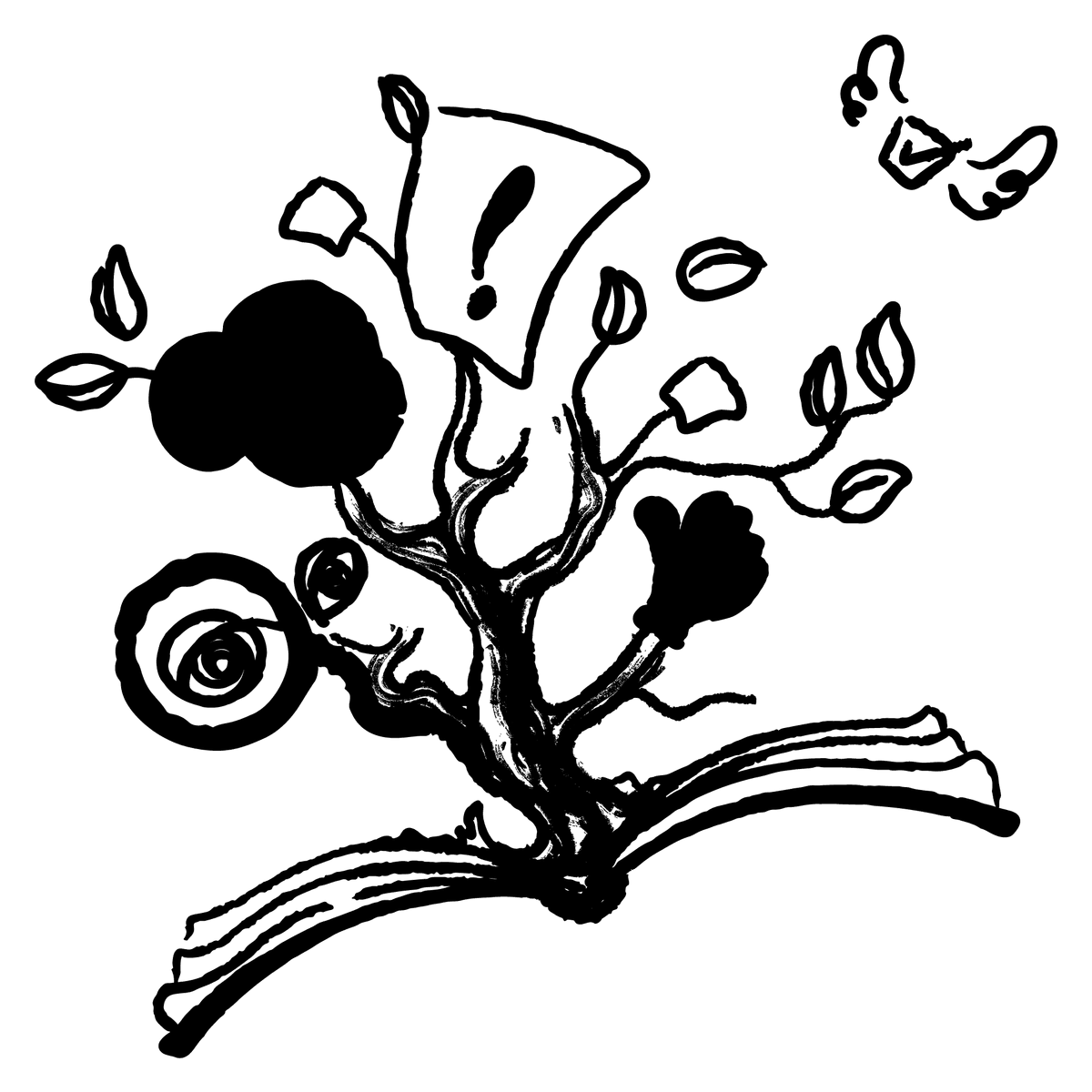 Absurdist doodle of an opened book with a tree popping out of the centre, its branches ending in magnifier and eyes, gloved hand in thumbs-up position, a cloud, and a sheaf of paper with an exclamation mark. Another sheet of paper with a checkmark is floating away on wings. Absurdist doodle of an opened book with a tree popping out of the centre, its branches ending in magnifier and eyes, gloved hand in thumbs-up position, a cloud, and a sheaf of paper with an exclamation mark. Another sheet of paper with a checkmark is floating away on wings.