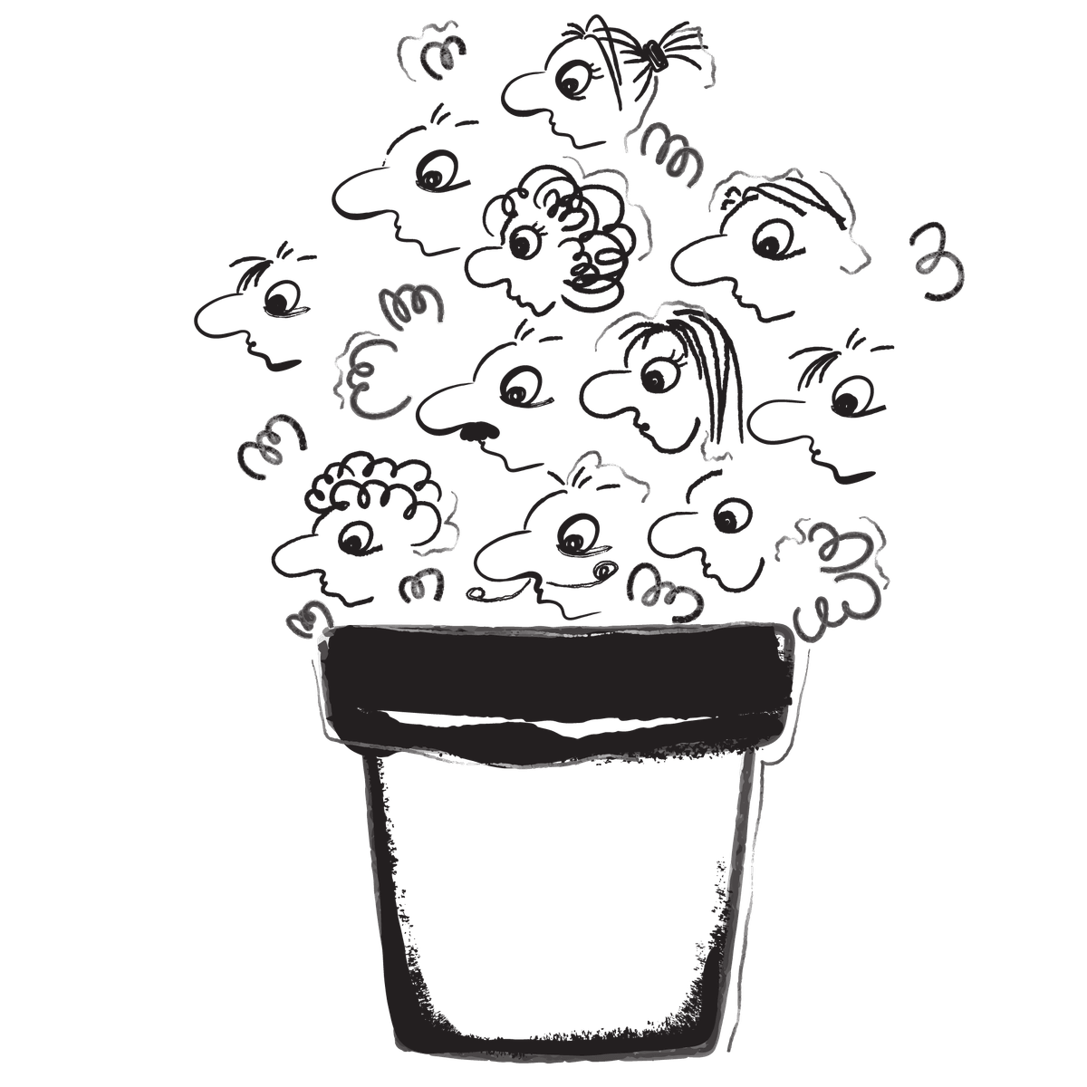 Absurdist doodle of a planting pot or coffee mug with about a dozen faces floating over it like steam emerging from the cup. All the faces are arranged to face the left. Absurdist doodle of a planting pot or coffee mug with about a dozen faces floating over it like steam emerging from the cup. All the faces are arranged to face the left.