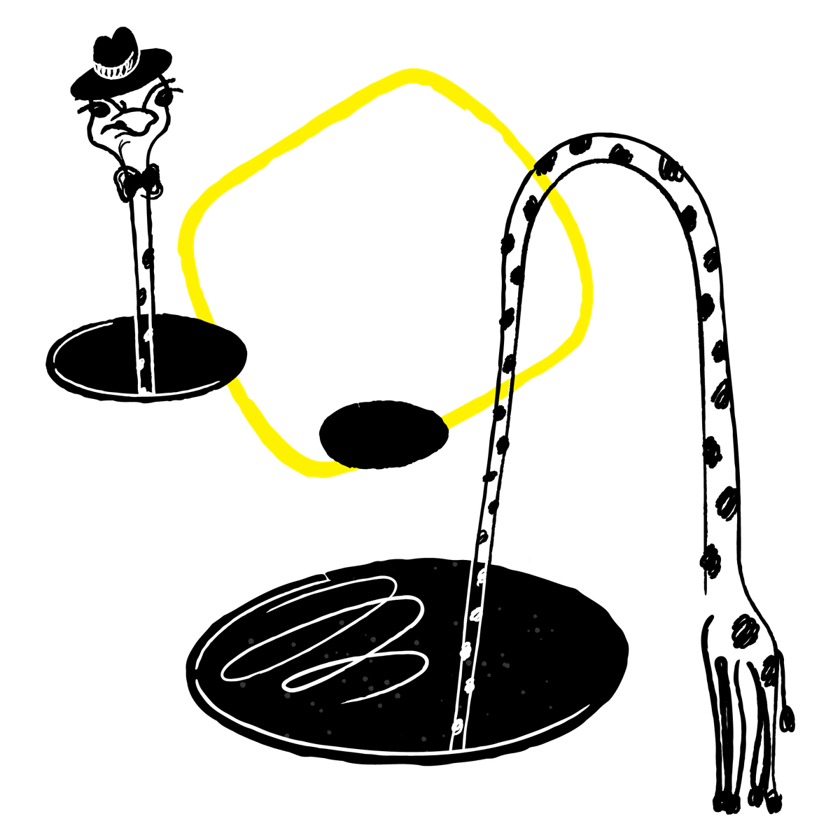 Absurdist doodle of a giraffe with its neck going into a large hole in the foreground and popping out of a smaller hole further back and to the left. There is another smaller hole to the right of the head and a large yellow box hovering over it. Absurdist doodle of a giraffe with its neck going into a large hole in the foreground and popping out of a smaller hole further back and to the left. There is another smaller hole to the right of the head and a large yellow box hovering over it.
