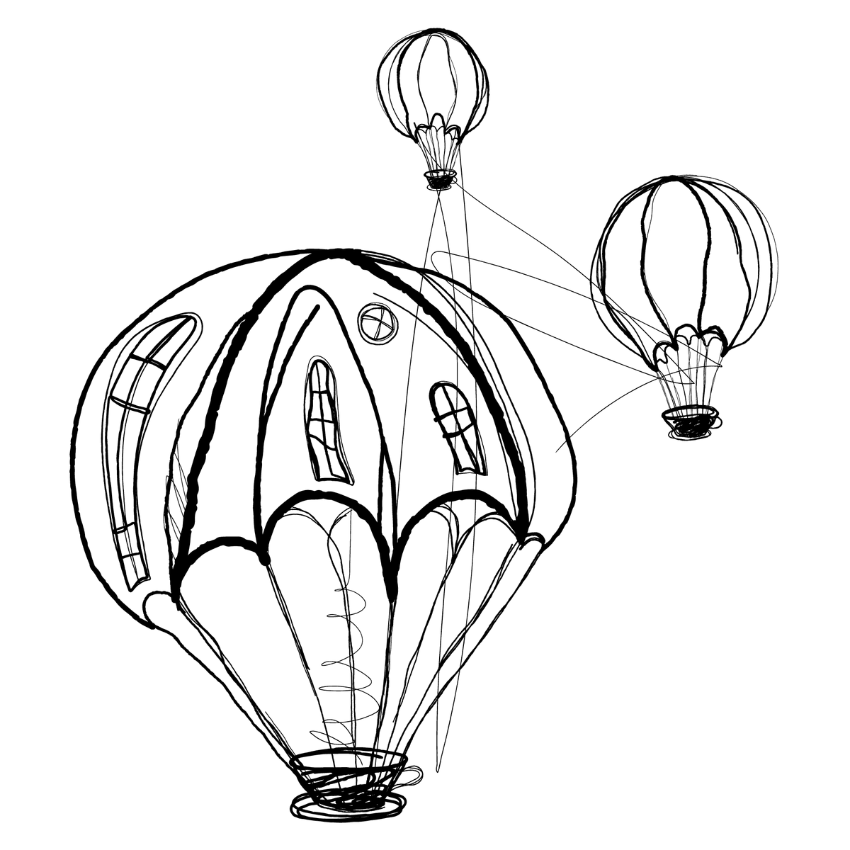 Absurdist doodle of 3 hot-air balloons with windows in the balloon and teacups for the baskets. They also vaguely resemble lightbulbs. Absurdist doodle of 3 hot-air balloons with windows in the balloon and teacups for the baskets. They also vaguely resemble lightbulbs.