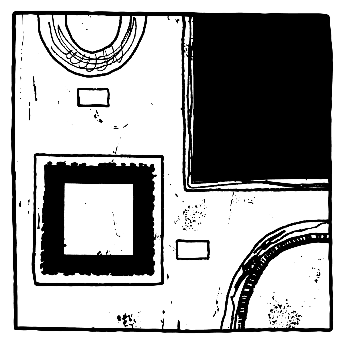 B&W illustration of a gallery of frames and labels on a wall, cropped by a box frame B&W illustration of a gallery of frames and labels on a wall, cropped by a box frame