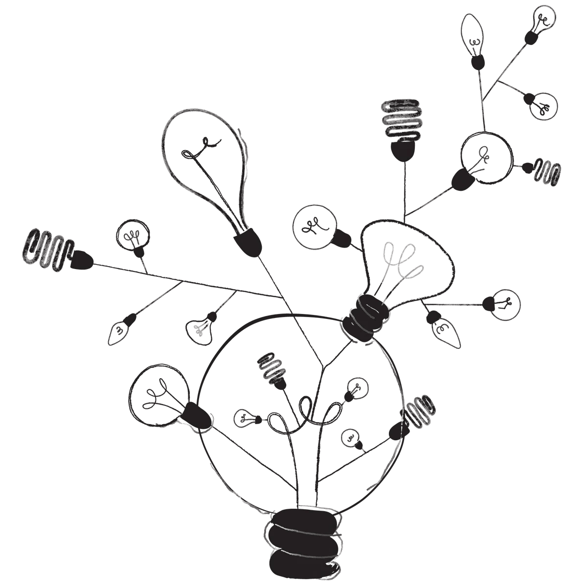 Absurd doodle of different types of lightbulbs branching from one large one, which itself contains mini bulbs branching out of its filaments.. Absurd doodle of different types of lightbulbs branching from one large one, which itself contains mini bulbs branching out of its filaments..