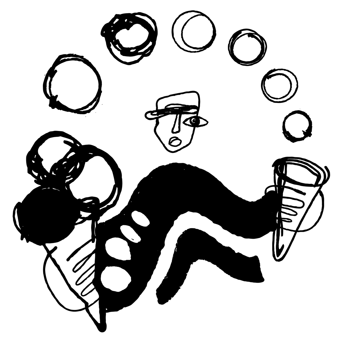 Absurdist illustration of a person in a hat holding a cone in either hand, three balls of what could be ice cream scoops in the one on the left and an arch of six more balls over the head from left cone to right. Absurdist illustration of a person in a hat holding a cone in either hand, three balls of what could be ice cream scoops in the one on the left and an arch of six more balls over the head from left cone to right.