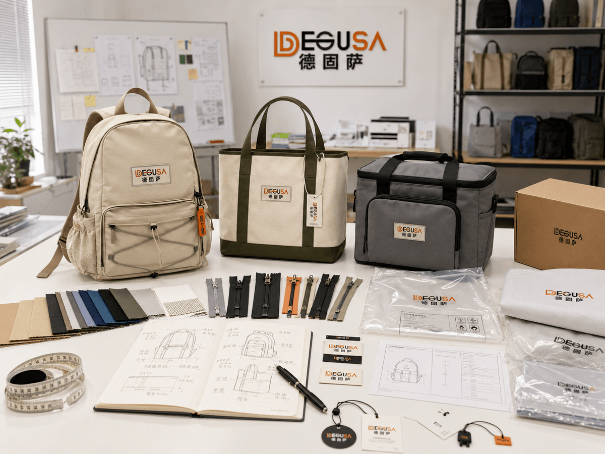 Custom bag sample development support with material swatches, logo details, packaging samples and bag prototypes