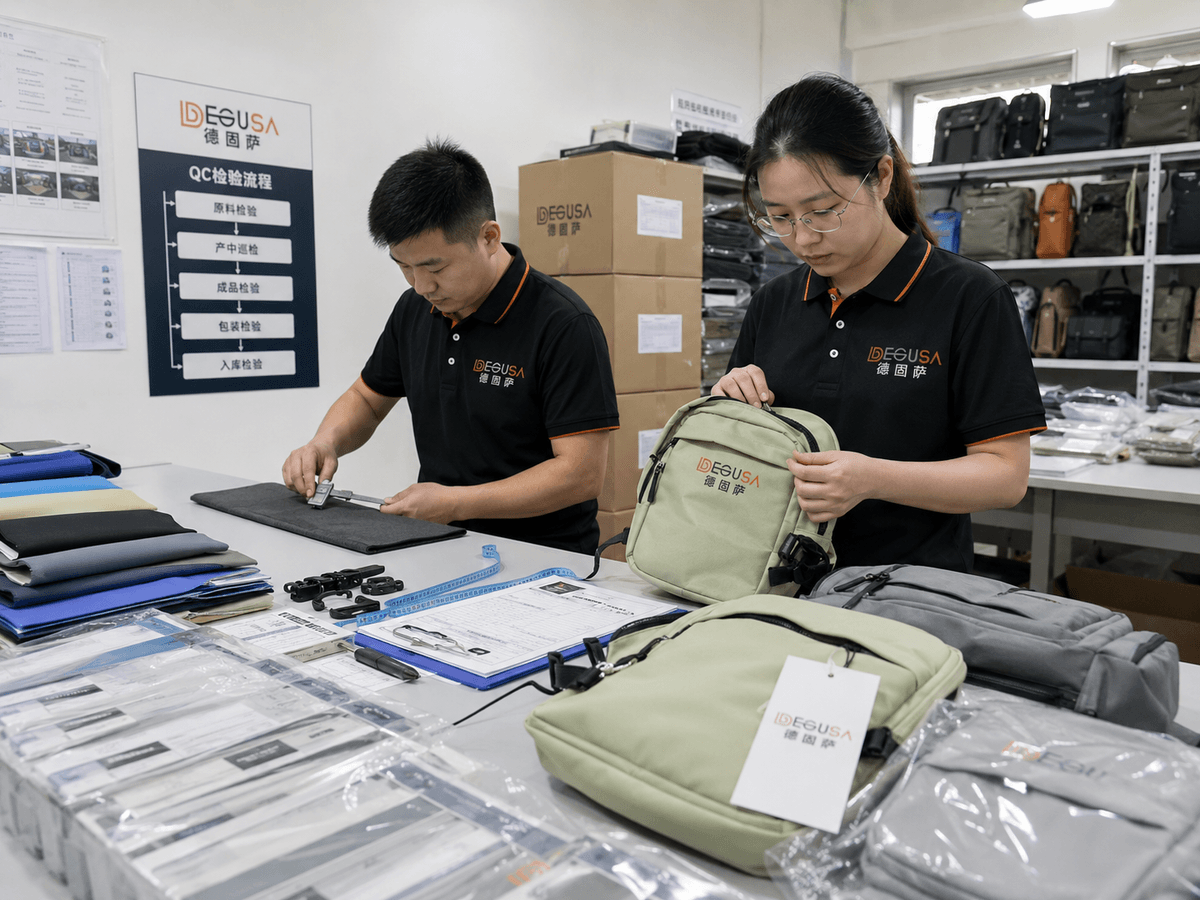 In-house quality control for custom bags, including material inspection, in-line production checking and final packing review