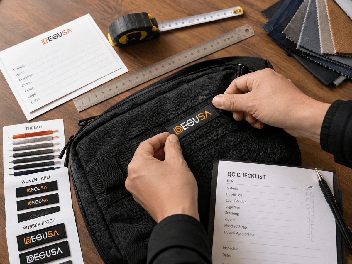 Checking logo position and branding details on custom bags