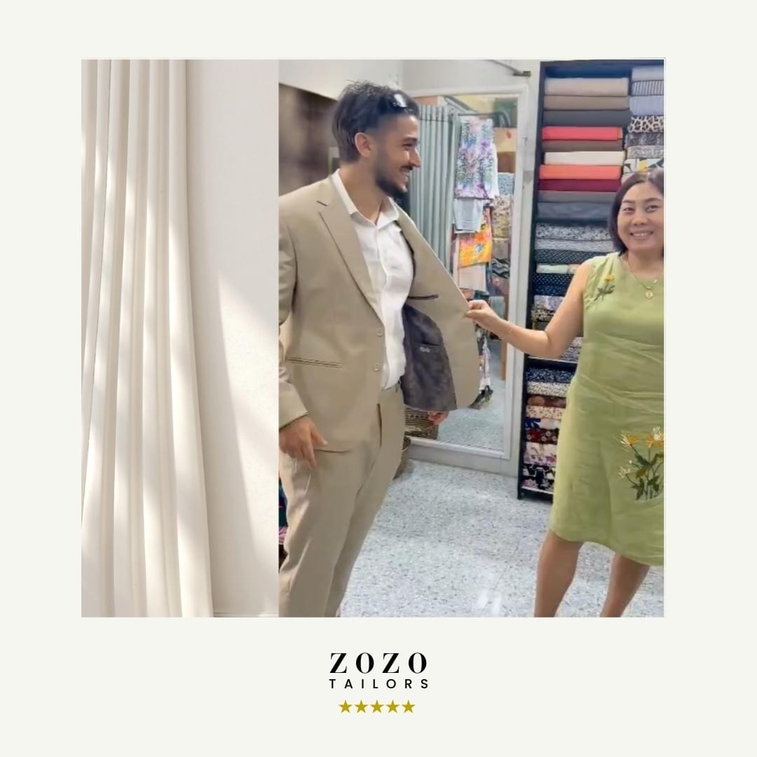 Teamo at ZoZo Tailors in Hoi An, during the final fitting with couture-trained Fiona Ha, wearing his tailored suit and ready for a good friend’s wedding in the UK.