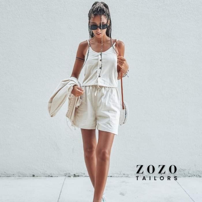 Cream linen shorts and jacket with summery top — the natural fabric and fit gives a feeling of cool style on hot summer days.