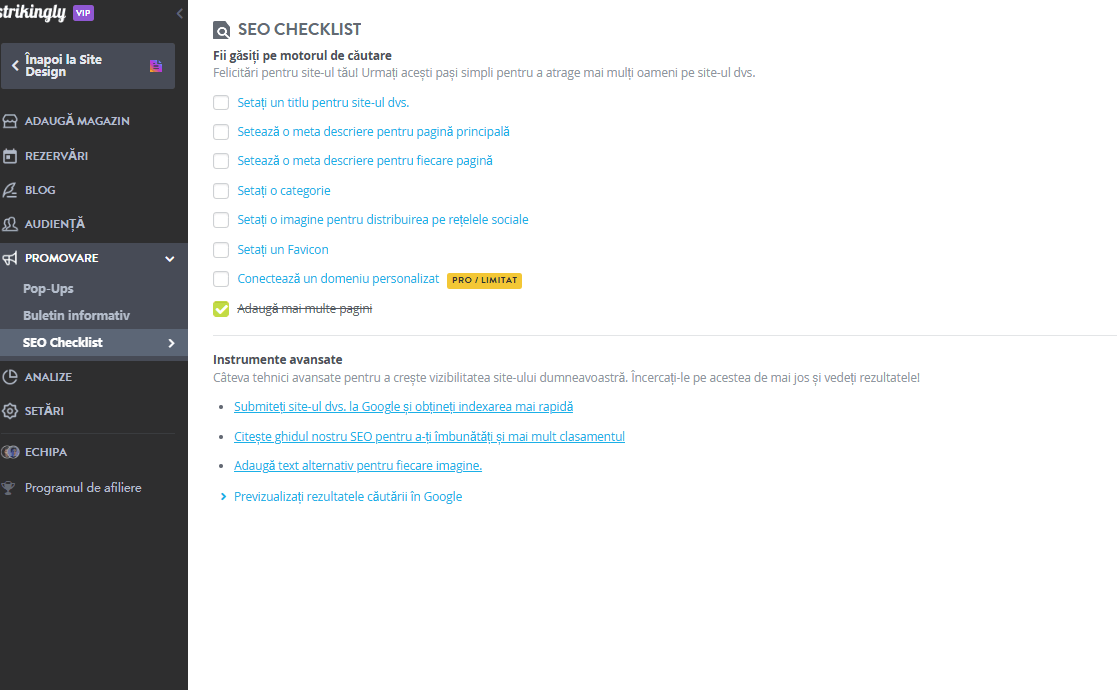 Lista de verificare SEO Strikingly