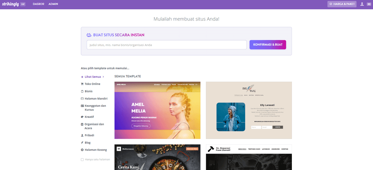 Halaman Pemilihan Template Strikingly