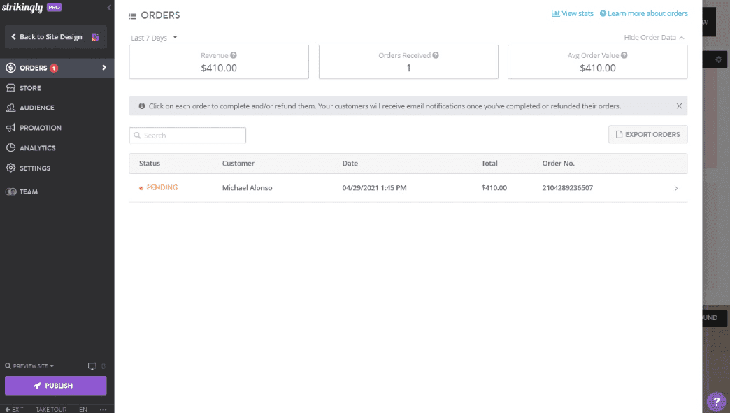 Strikingly - Výkonné řešení e-commerce pro růst podnikání - Správa objednávek