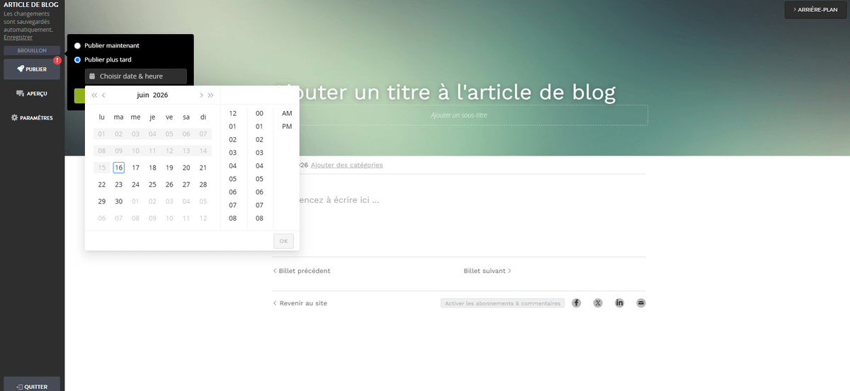 Fonctionnalité de planification de blog Strikingly