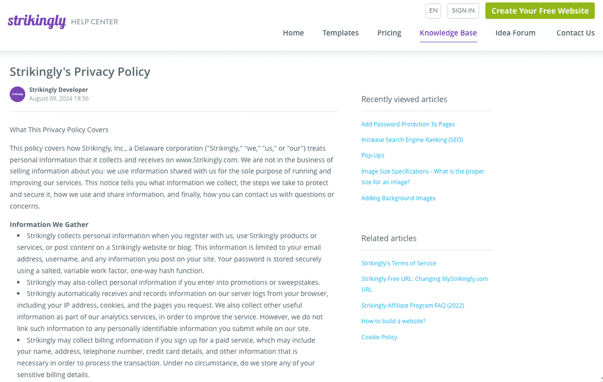 Política de privacidad de Strikingly