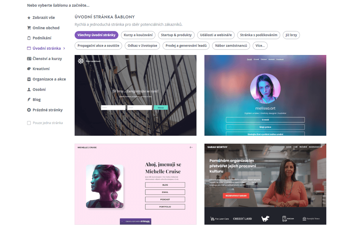 Výrazná stránka pro výběr šablony