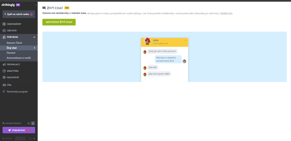 Strikingly jako příklad inovativních řešení webového designu - Live Chat