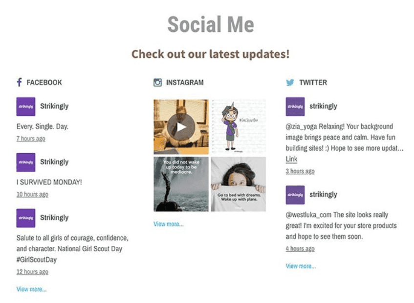 Sección de feeds de Strikingly Social
