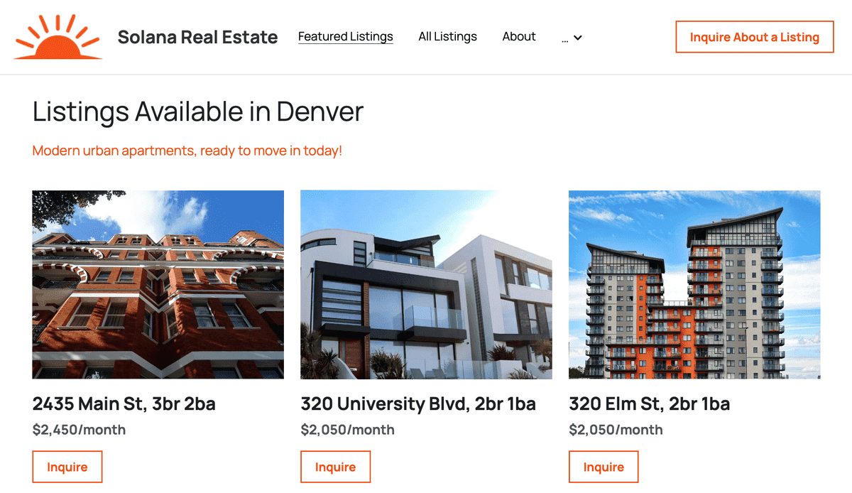 Šablona nemovitostí Solana od Strikingly