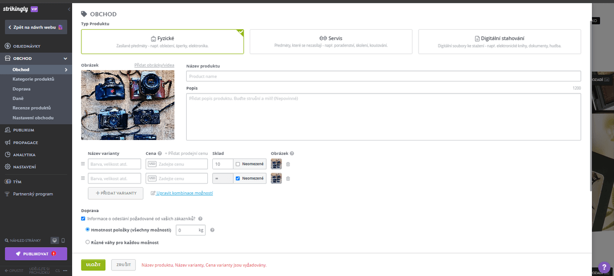 Jak používat Strikingly ke správě možností produktů - sledování stavu zásob jednotlivých možností