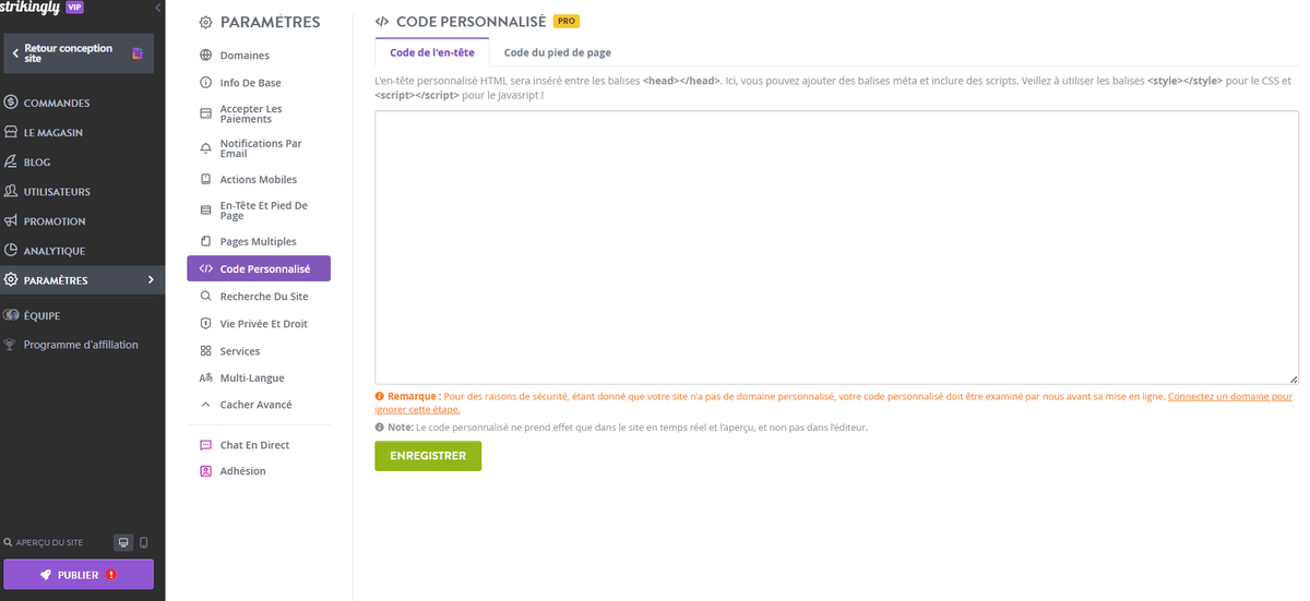 Fonctionnalité de code personnalisé remarquable