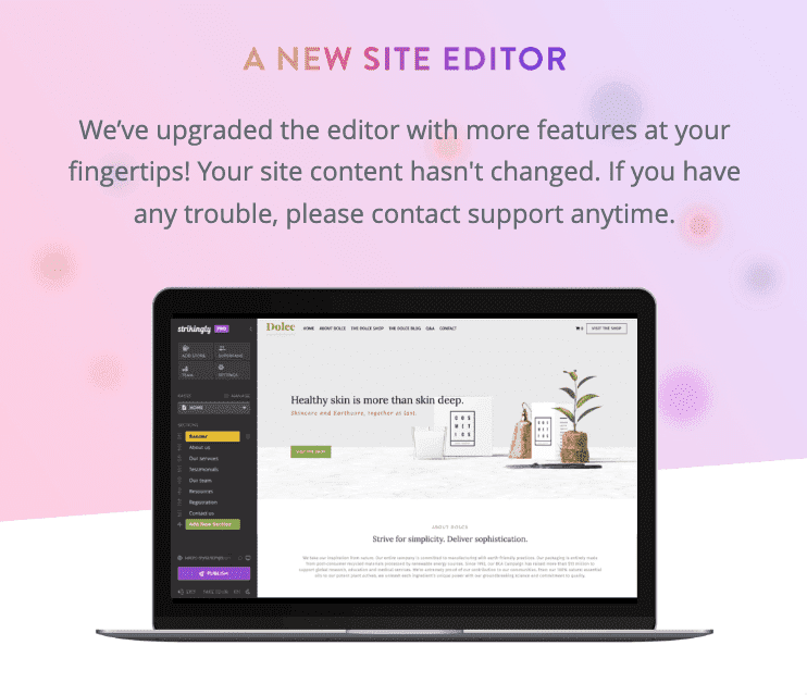 El nuevo editor de sitios web de Strikingly